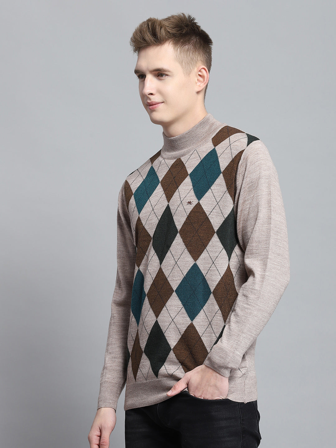 Men Beige Printed Mock Neck Full Sleeve Pullover