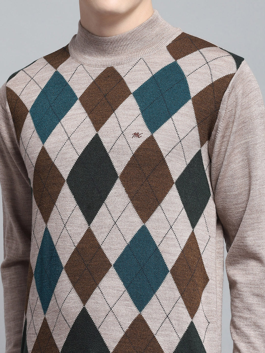Men Beige Printed Mock Neck Full Sleeve Pullover