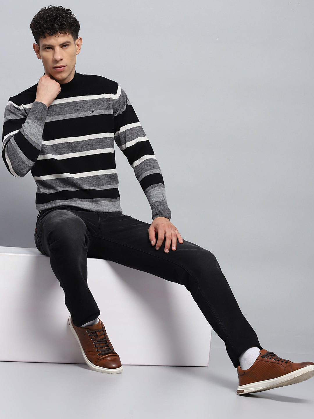 Men Grey Stripe Round Neck Full Sleeve Pullover