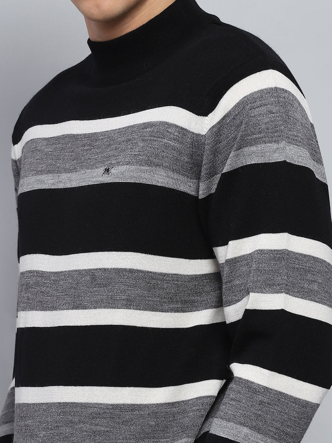 Men Grey Stripe Round Neck Full Sleeve Pullover