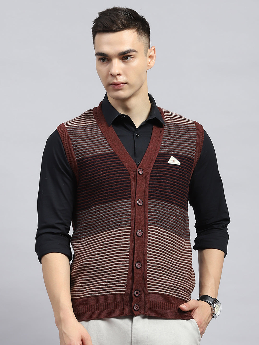 Men Rust Stripe V Neck Sleeveless Cardigan - Main Image