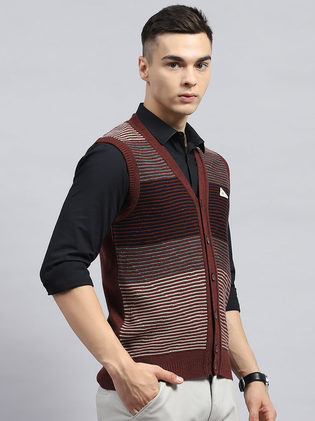 Men Rust Stripe V Neck Sleeveless Cardigan