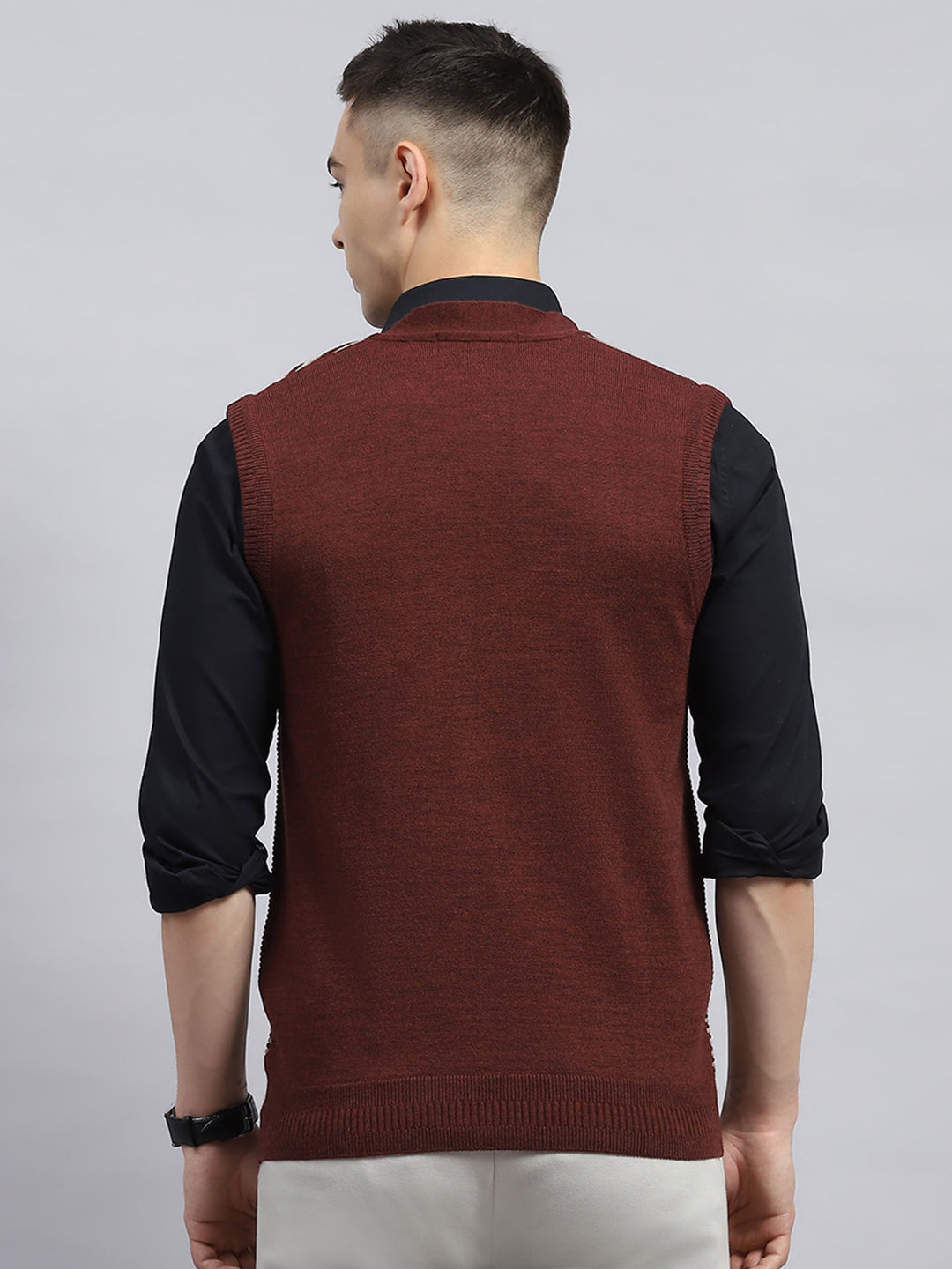Men Rust Stripe V Neck Sleeveless Cardigan