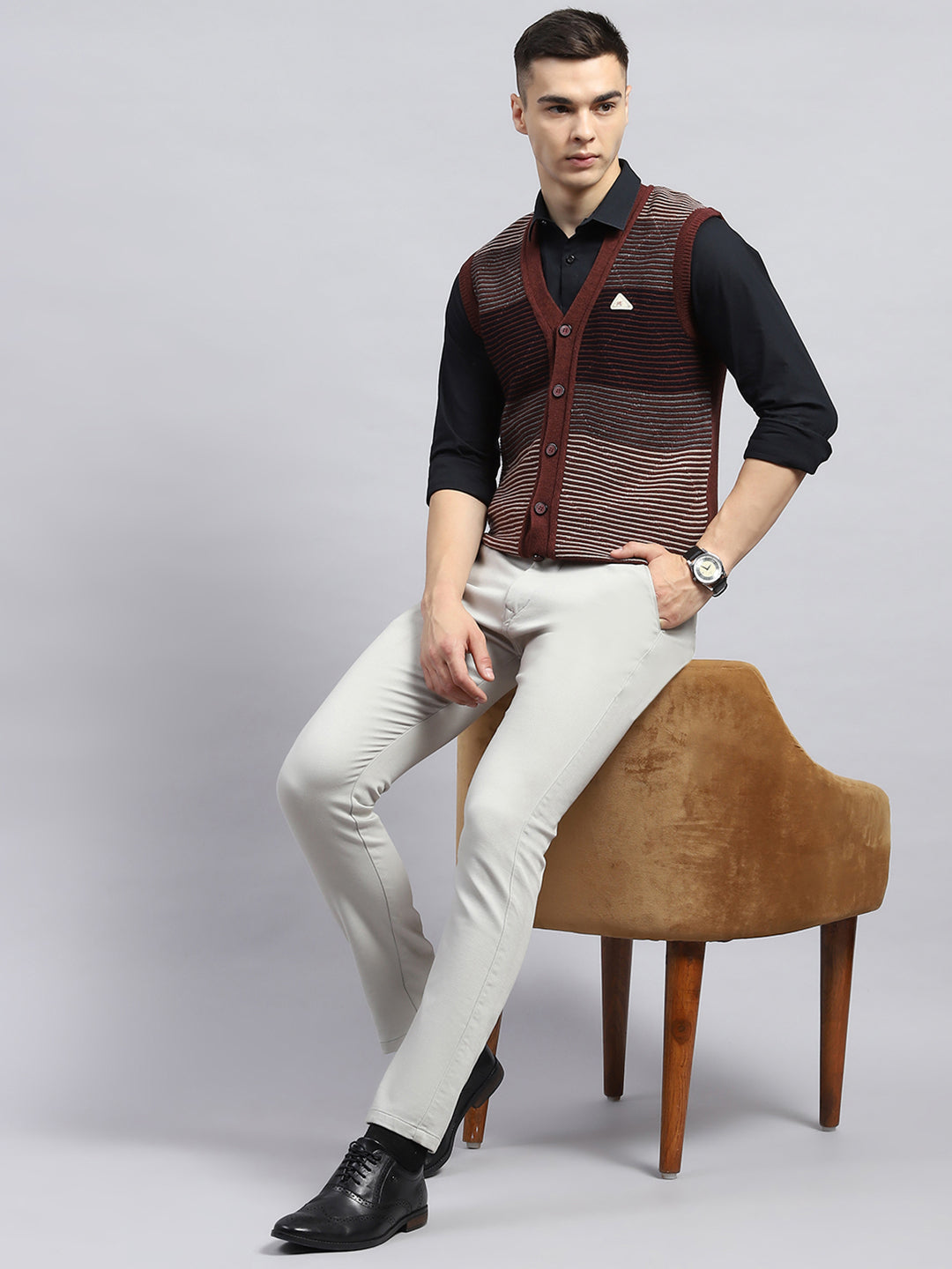 Men Rust Stripe V Neck Sleeveless Cardigan