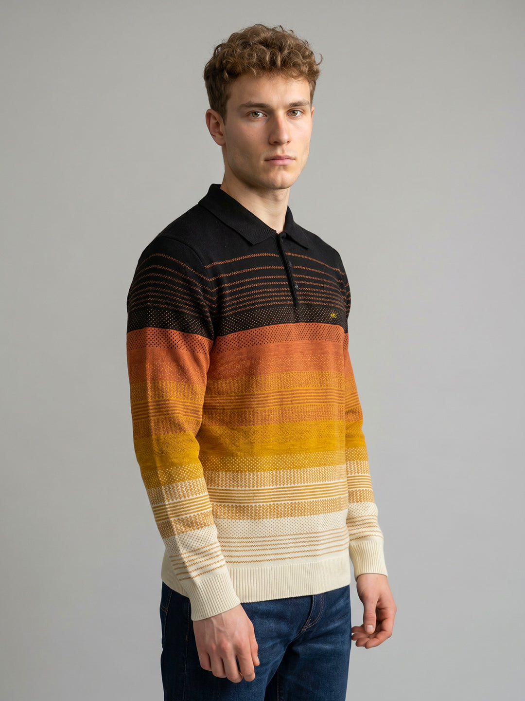 Men White Self Design Collar Full Sleeve Sweatshirt
