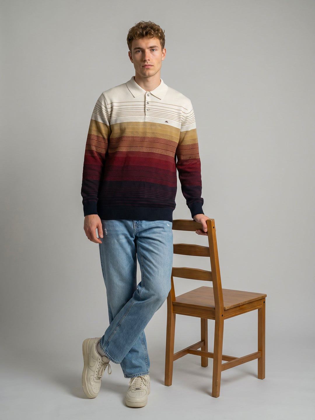 Men Navy Blue Self Design Collar Full Sleeve Sweatshirt