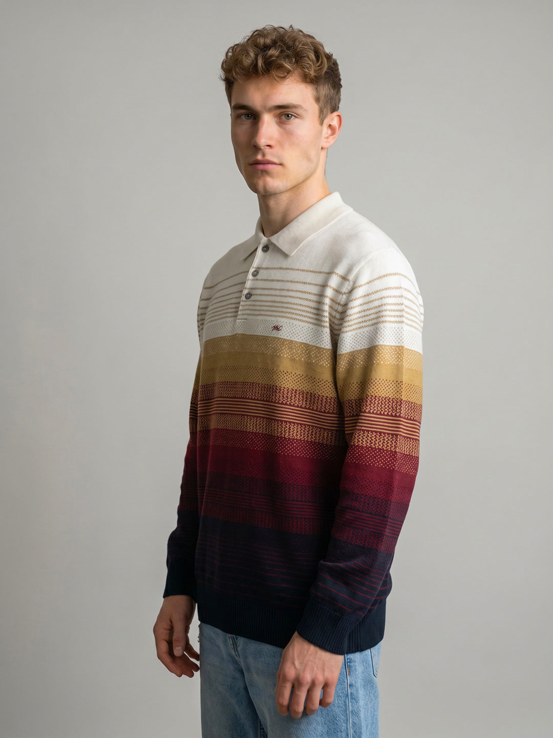Men Navy Blue Self Design Collar Full Sleeve Sweatshirt