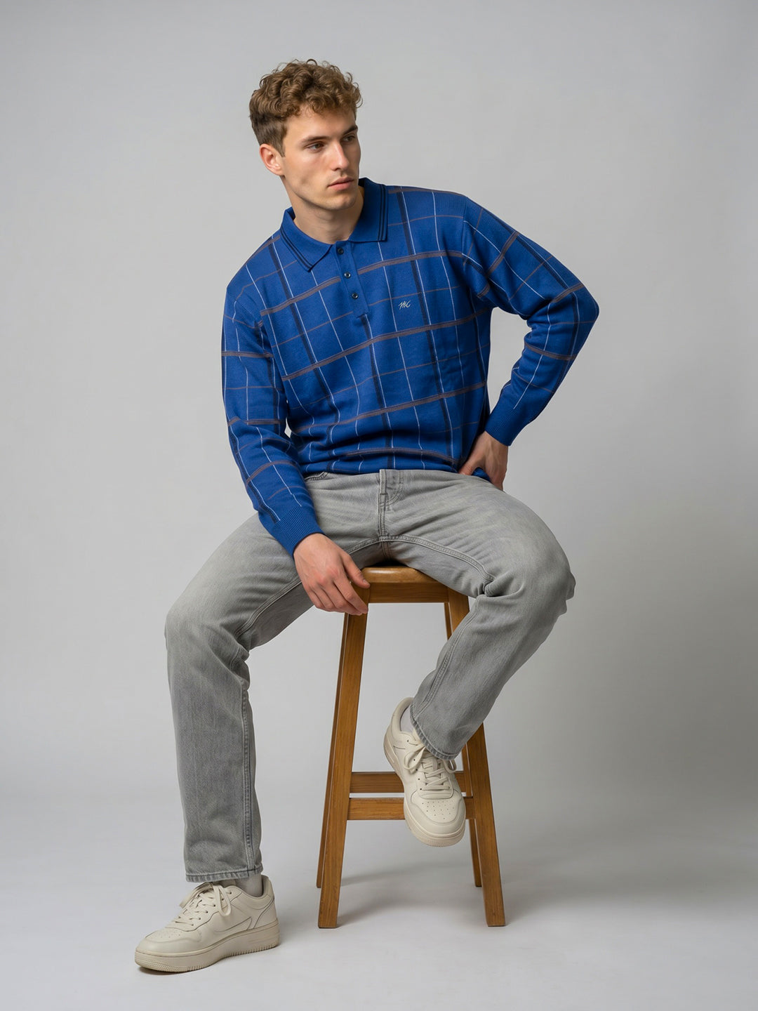 Men Blue Check Collar Full Sleeve Sweatshirt