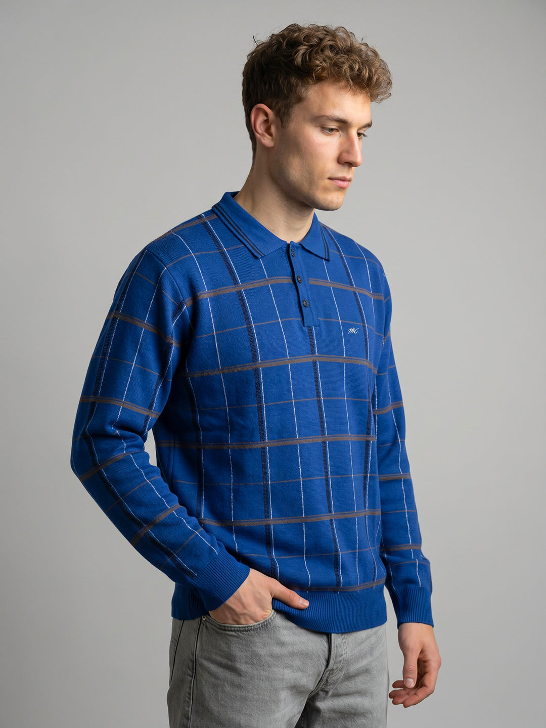 Men Blue Check Collar Full Sleeve Sweatshirt