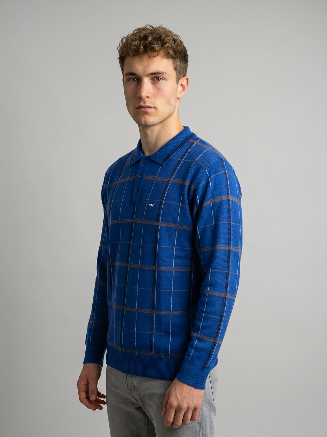 Men Blue Check Collar Full Sleeve Sweatshirt