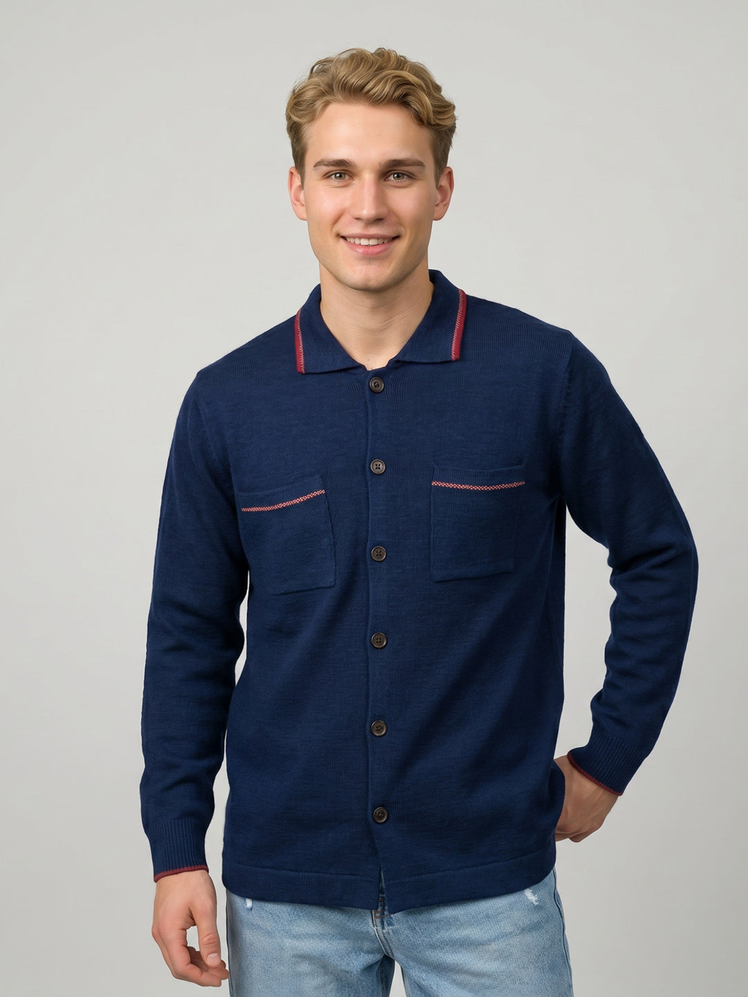 Men Blue Solid Collar Full Sleeve Sweatshirt