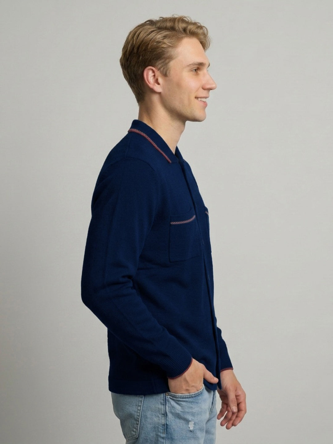 Men Blue Solid Collar Full Sleeve Sweatshirt