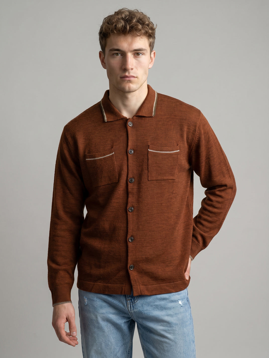 Men Rust Solid Collar Full Sleeve Sweatshirt