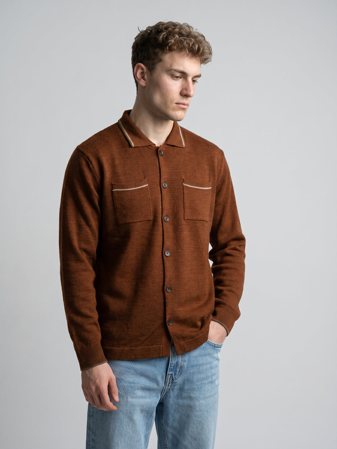 Men Rust Solid Collar Full Sleeve Sweatshirt