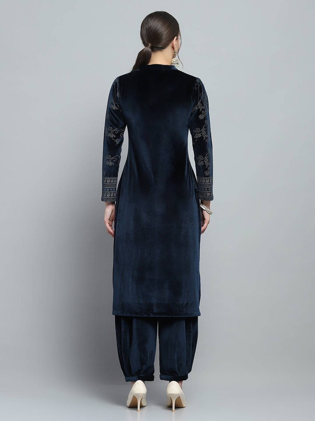 Women Navy Blue Self Design Round Neck Full Sleeve Kurti Set for Winter
