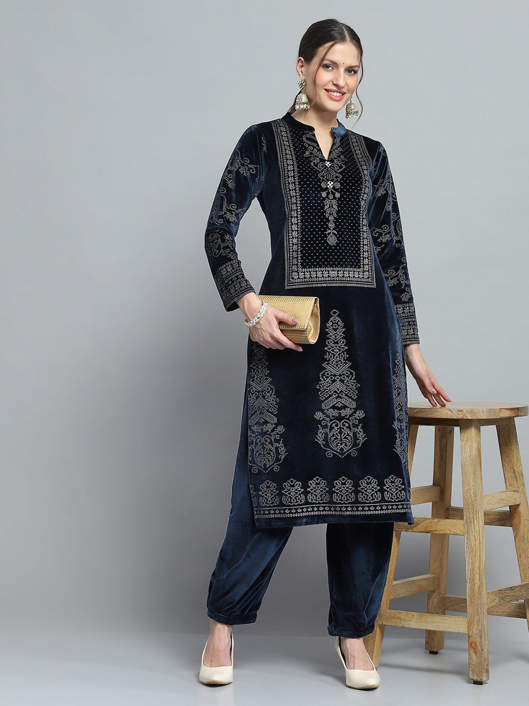 Women Navy Blue Self Design Round Neck Full Sleeve Kurti Set for Winter