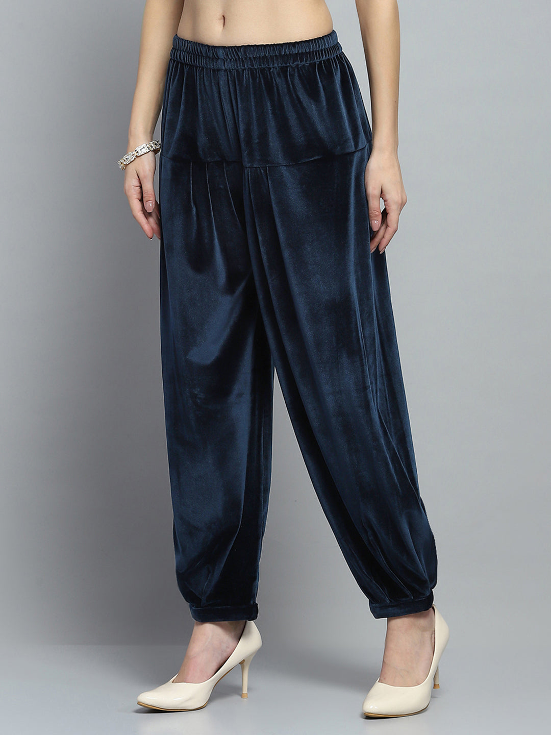 Women Navy Blue Self Design Round Neck Full Sleeve Kurti Set for Winter