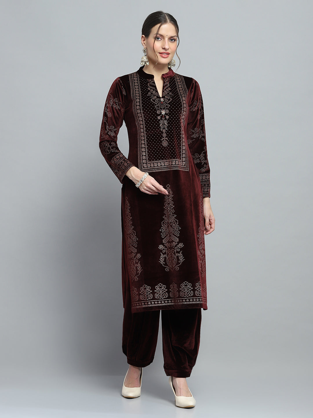 Women Maroon Self Design Round Neck Full Sleeve Kurti Set for Winter