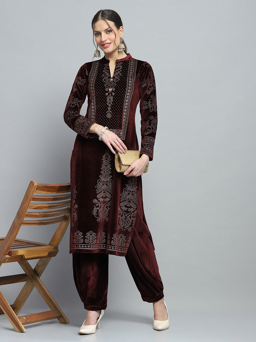 Women Maroon Self Design Round Neck Full Sleeve Kurti Set for Winter