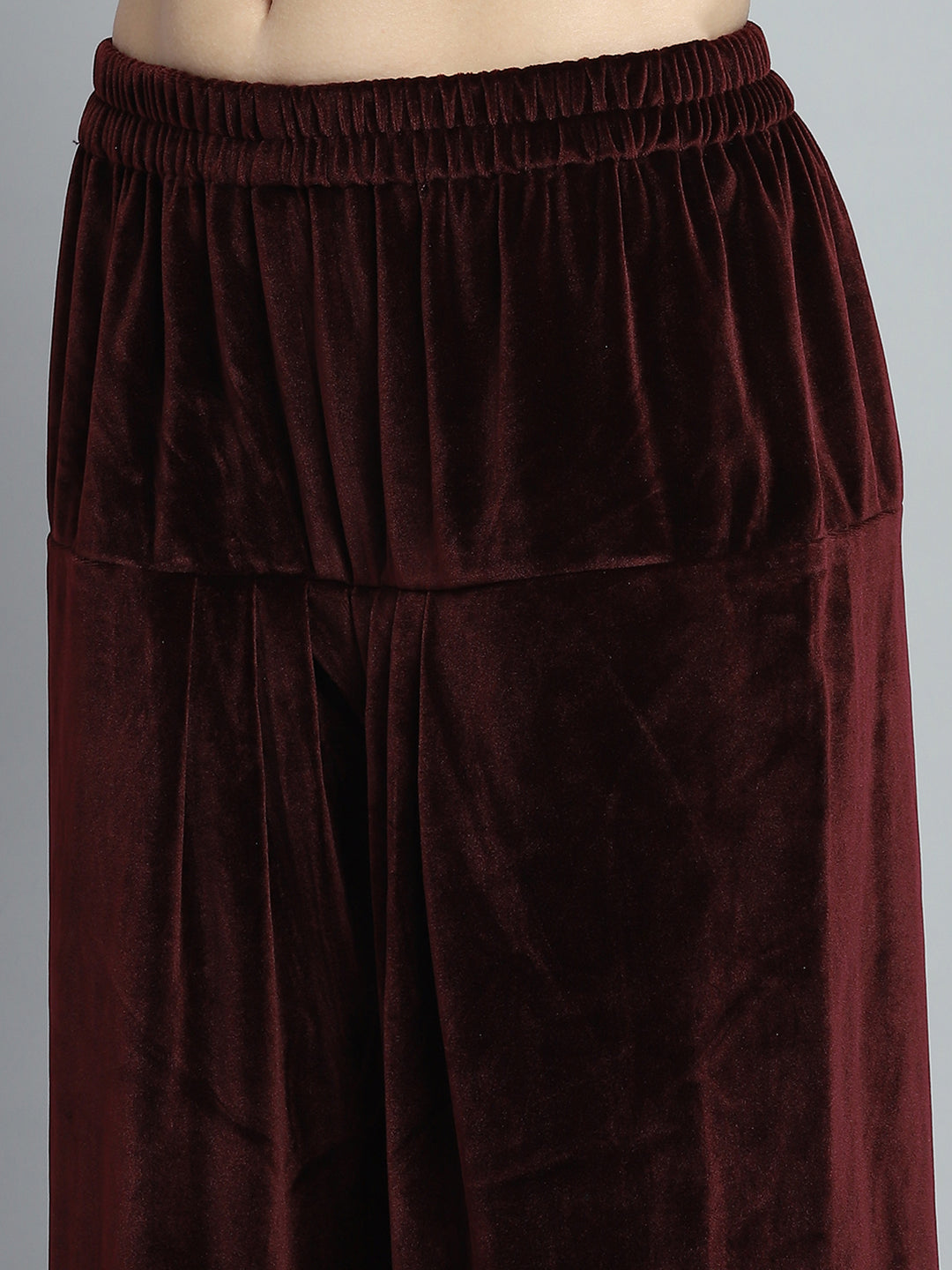 Women Maroon Self Design Round Neck Full Sleeve Kurti Set for Winter