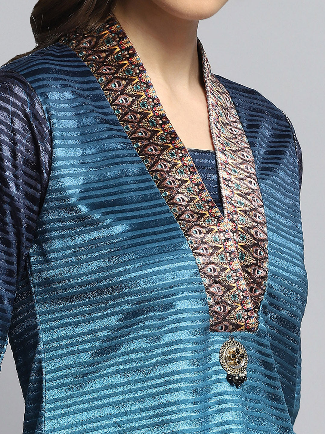 Women Sky Blue Self Design V Neck Full Sleeve Kurti Set with Bag