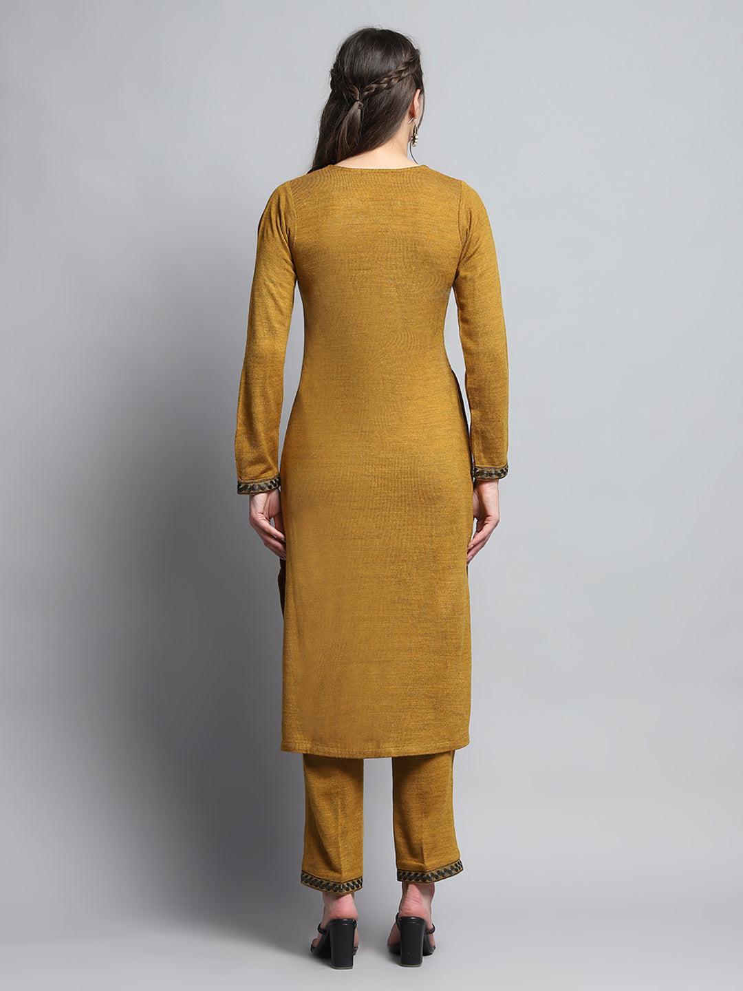 Women Mustard Self Design Round Neck Full Sleeve Kurti Set for Winter