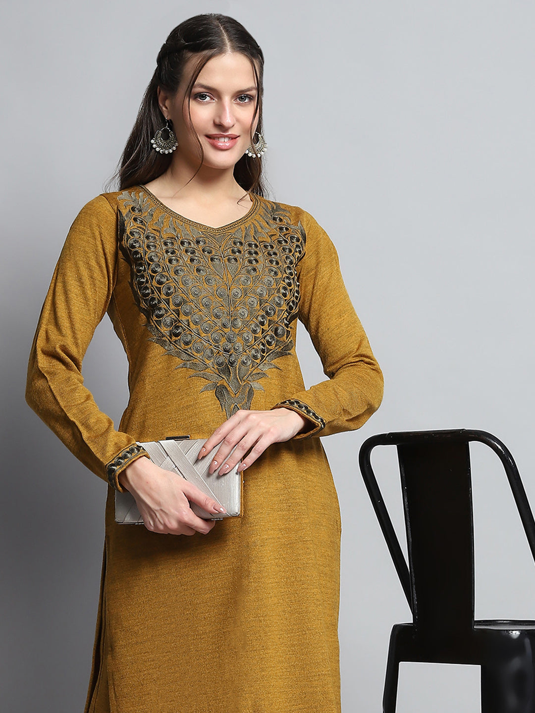 Women Mustard Self Design Round Neck Full Sleeve Kurti Set for Winter