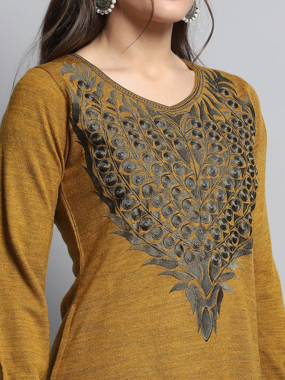 Women Mustard Self Design Round Neck Full Sleeve Kurti Set for Winter