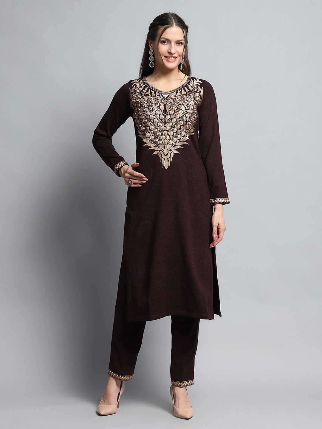 Women Maroon Self Design Round Neck Full Sleeve Kurti Set for Winter
