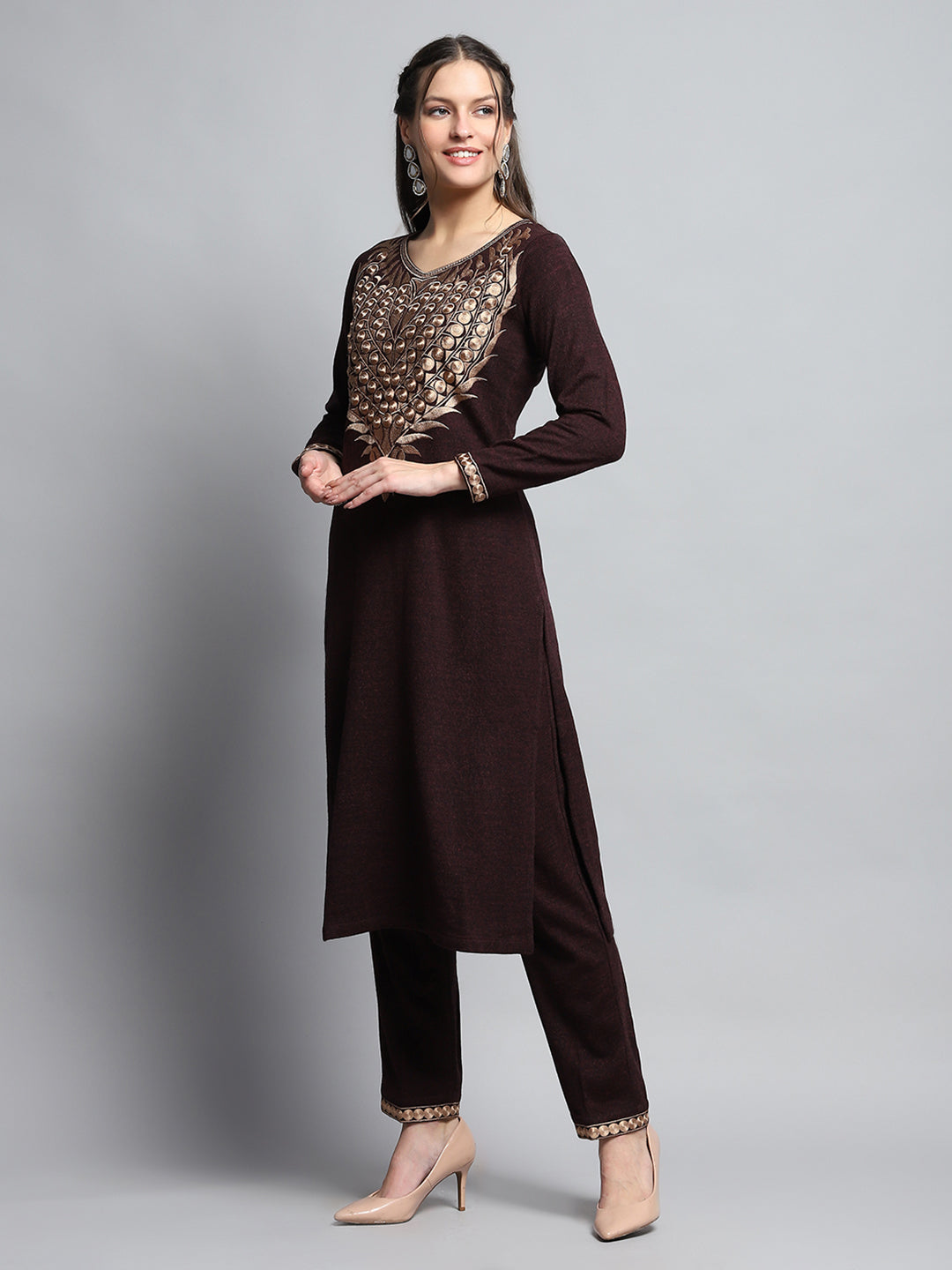 Women Maroon Self Design Round Neck Full Sleeve Kurti Set for Winter
