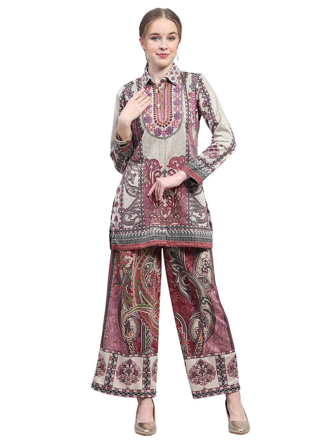 Women Cream Designer Collar Full Sleeve Kurtis Set for Winter
