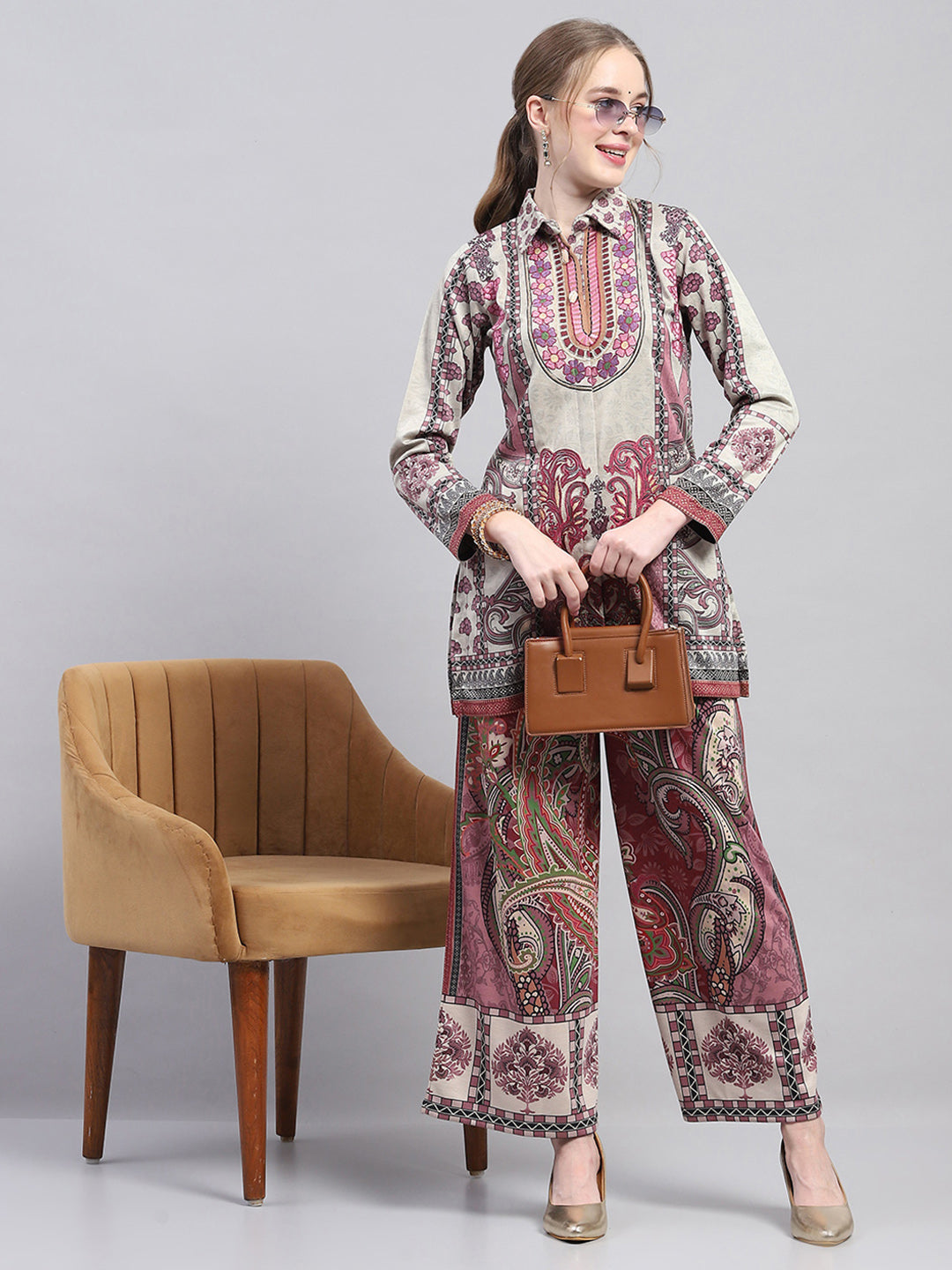 Women Cream Designer Collar Full Sleeve Kurtis Set for Winter