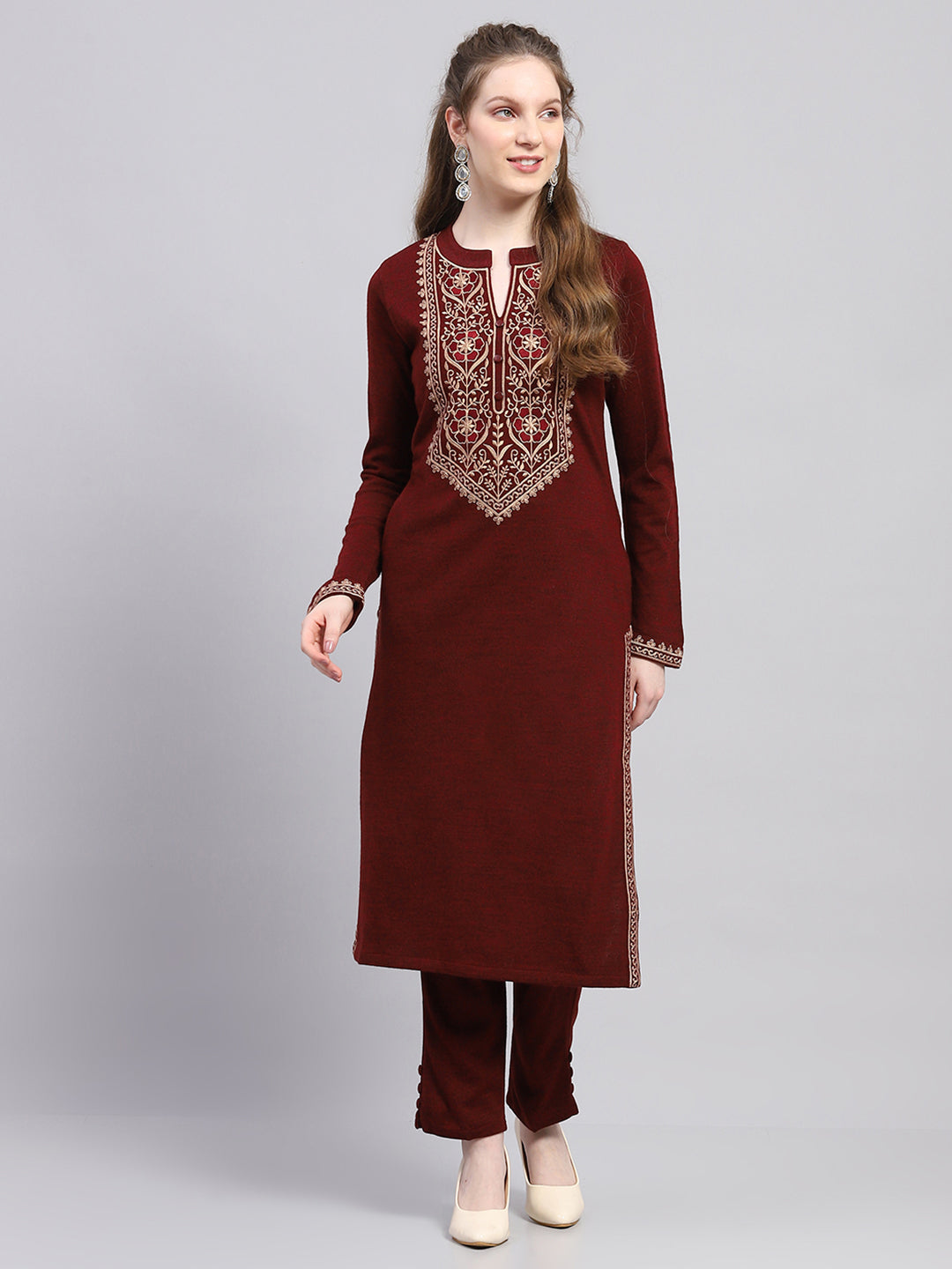 Suede Party Wear Woollen Kurtis Women Maroon Embroidered Round