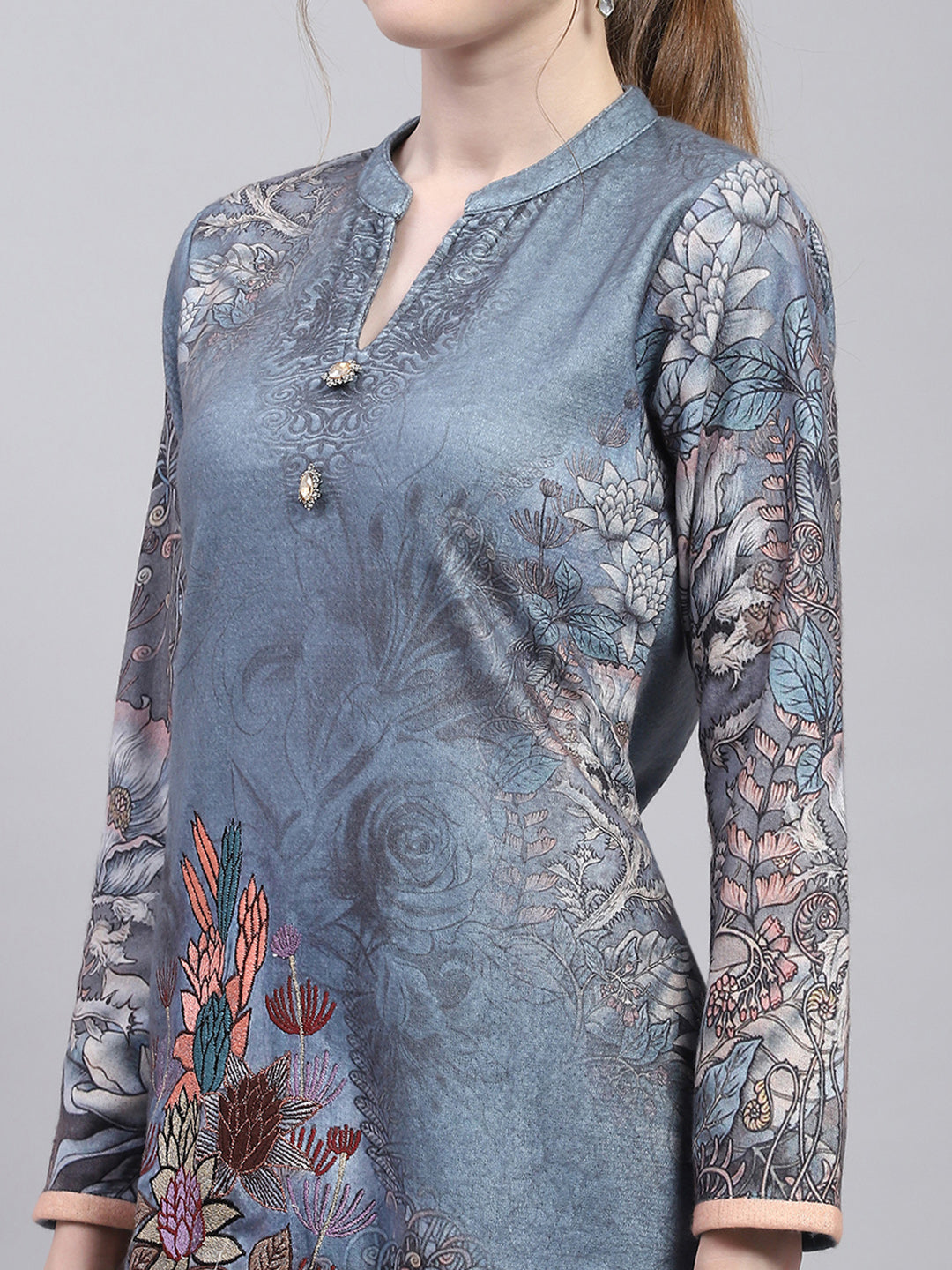 Women Grey Self Design Round Neck Full Sleeve Kurtis Set for Winter