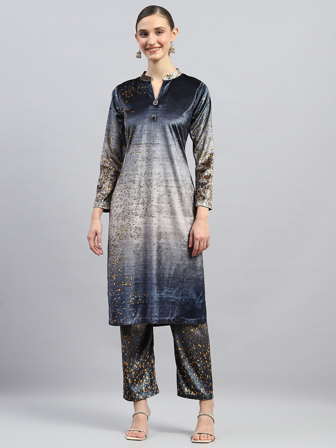 Women Blue Printed Round Neck Full Sleeve Kurti Set