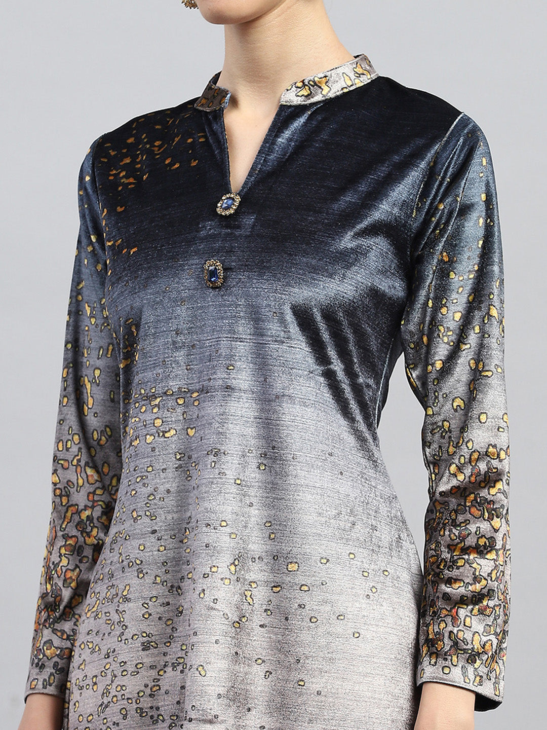 Women Blue Printed Round Neck Full Sleeve Kurti Set