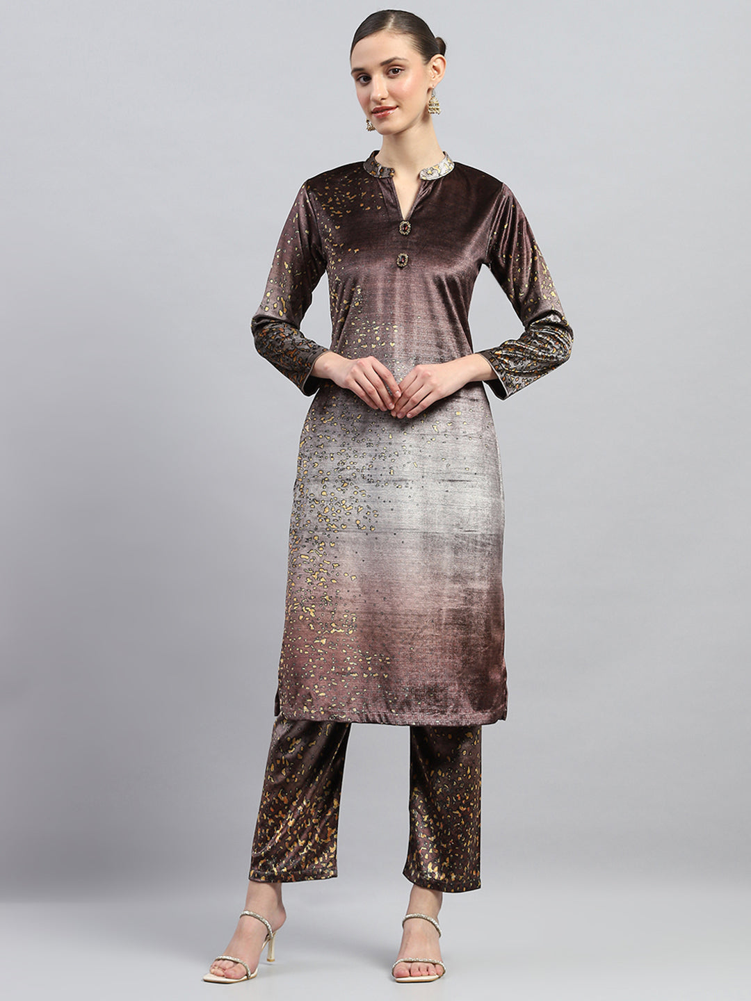 Women Brown Printed Round Neck Full Sleeve Kurti Set