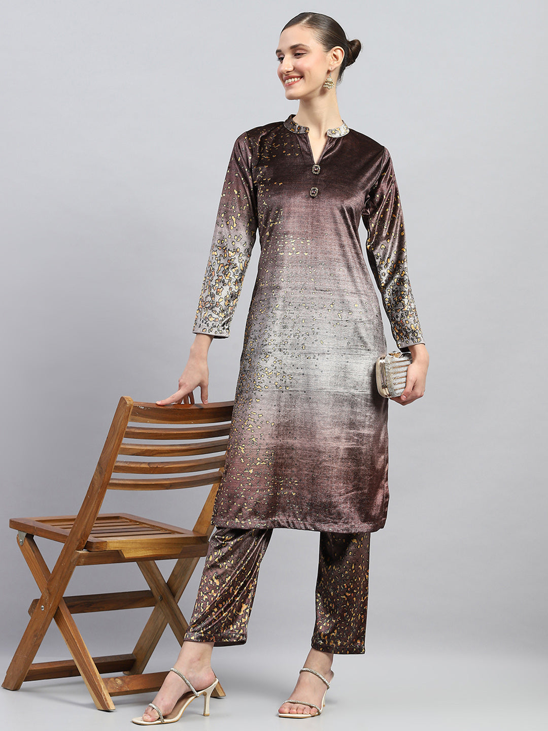 Women Brown Printed Round Neck Full Sleeve Kurti Set
