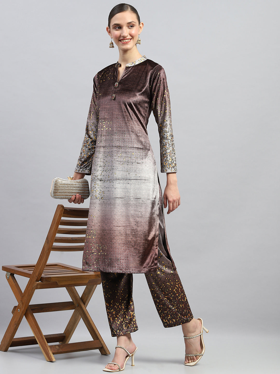 Women Brown Printed Round Neck Full Sleeve Kurti Set