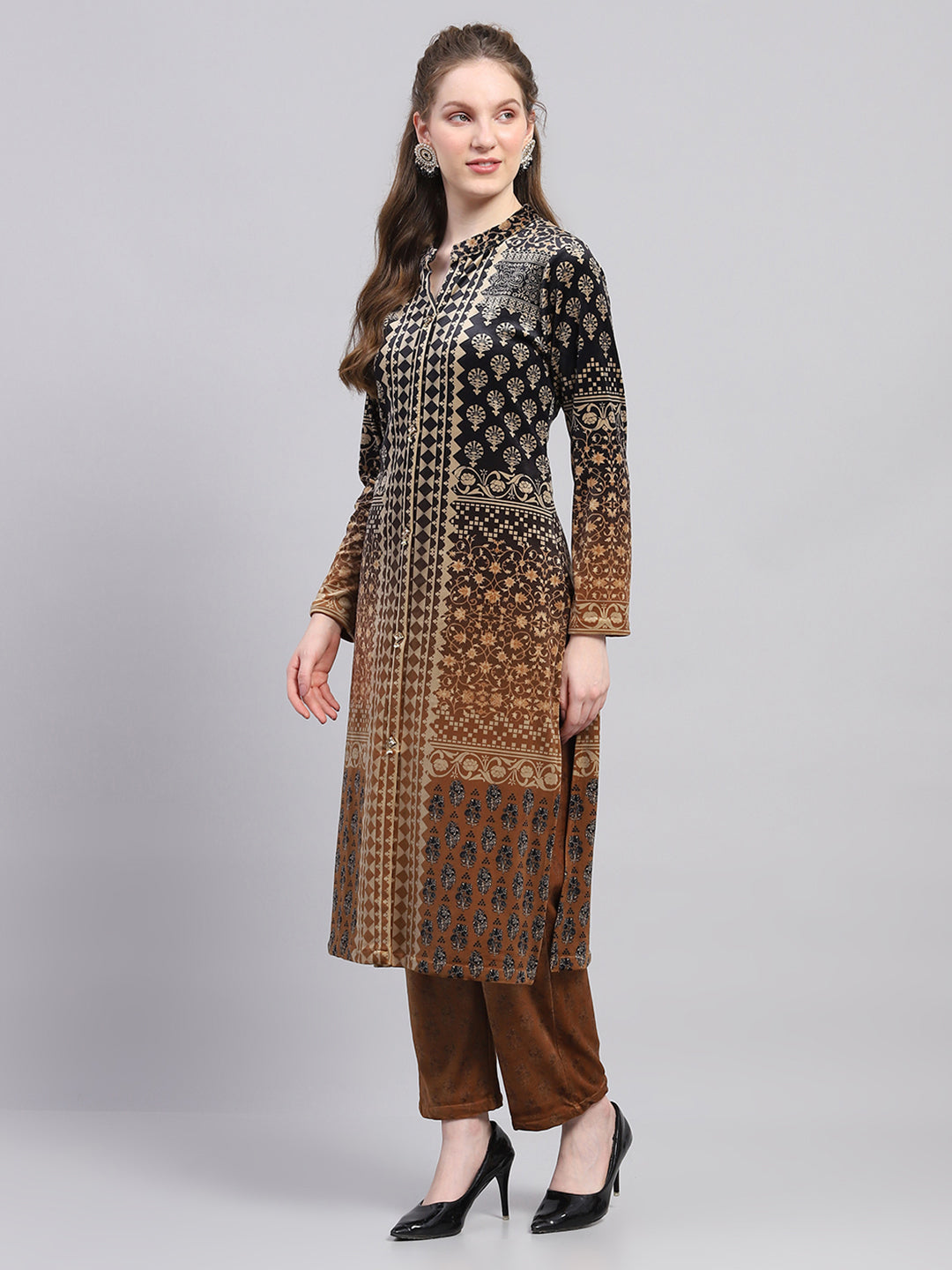 Women Mustard Designer Round Neck Full Sleeve Kurtis Set for Winter