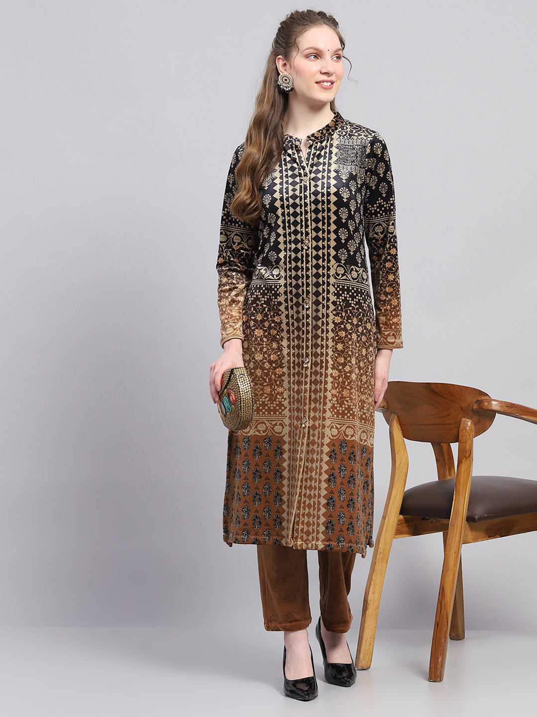 Women Mustard Designer Round Neck Full Sleeve Kurtis Set for Winter