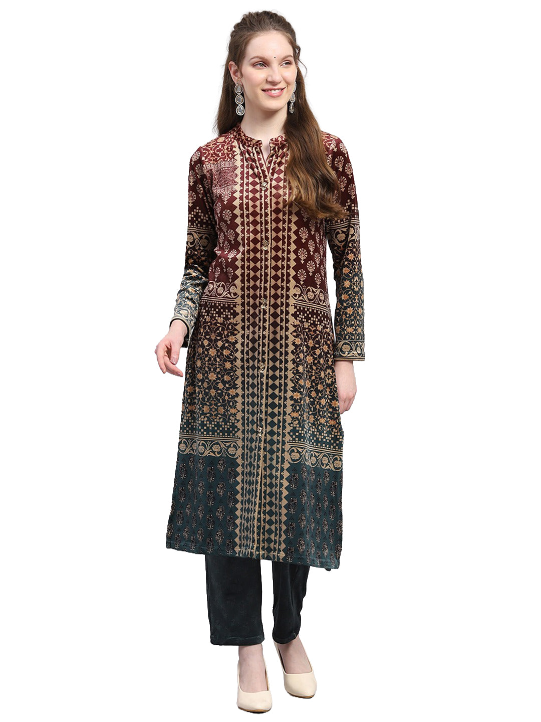 Women Teal Blue Designer Round Neck Full Sleeve Kurtis Set for Winter