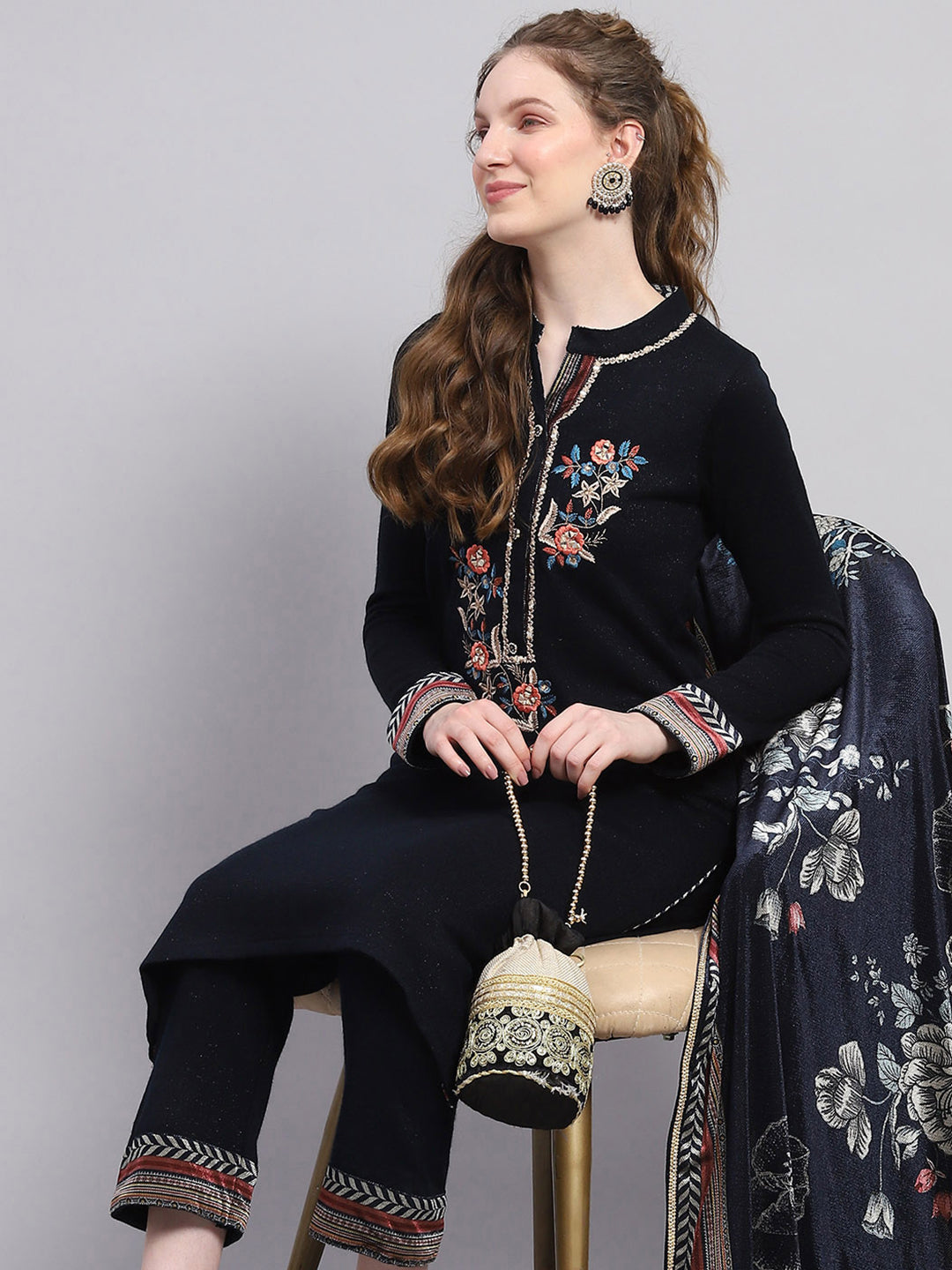 Women Navy Blue Designer Round Neck Full Sleeve 3 Pc Kurtis Set for Winter