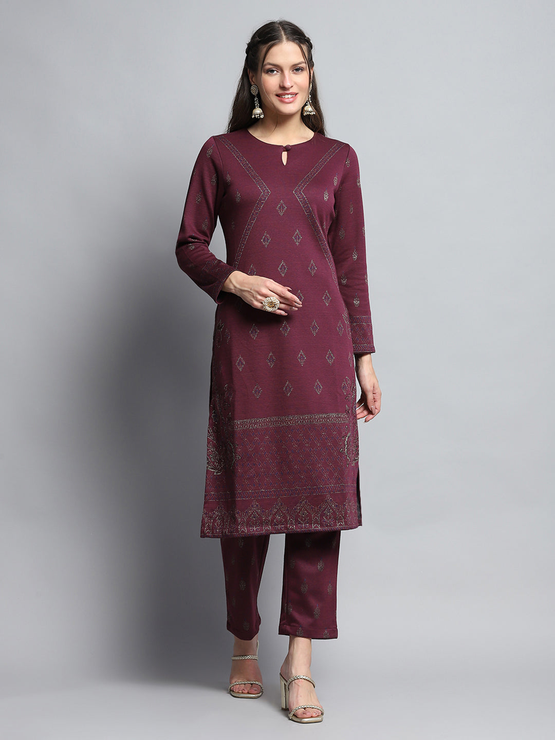 Women Burgundy Self Design Round Neck Full Sleeve Kurti Set for Winter