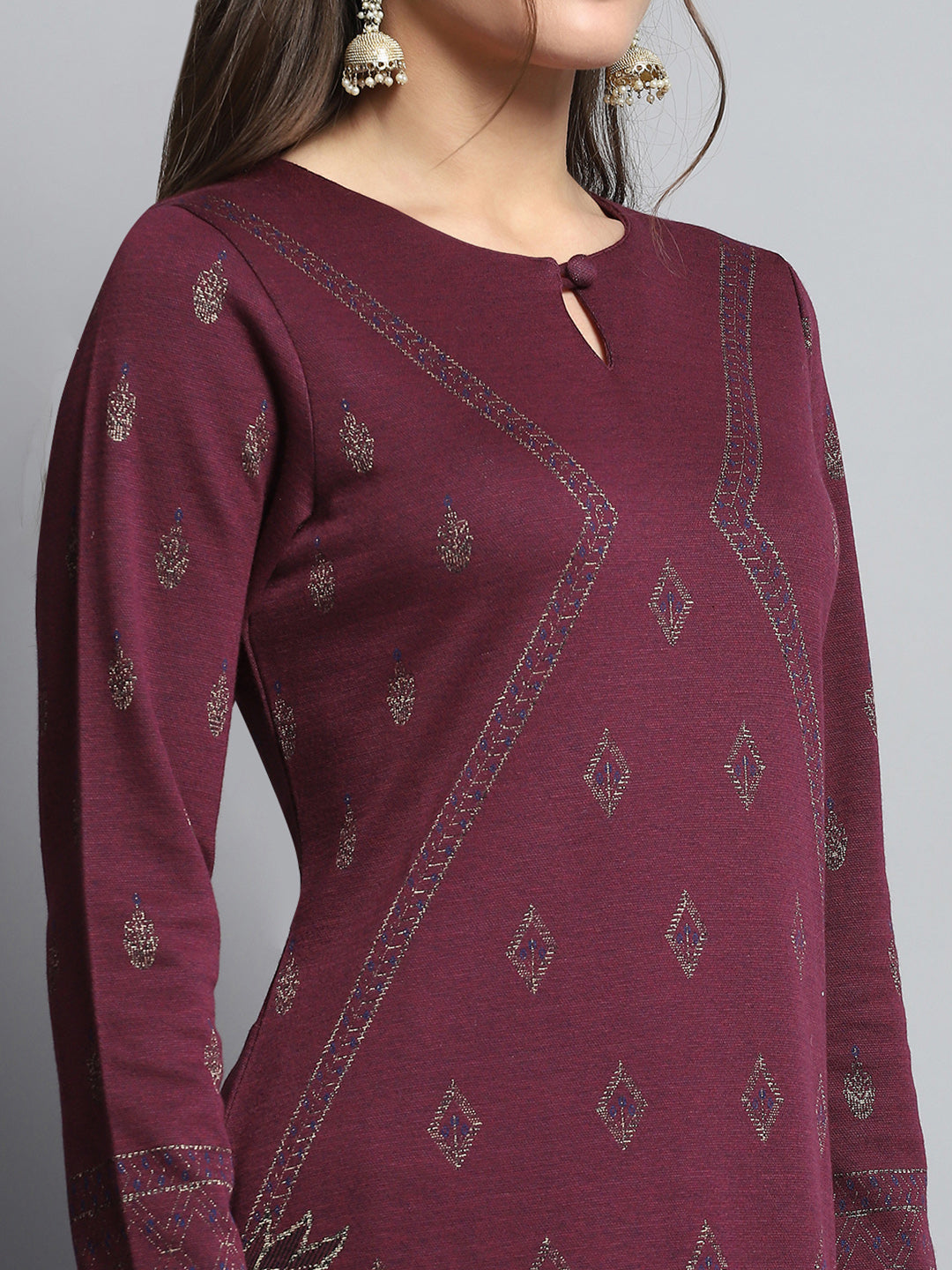 Women Burgundy Self Design Round Neck Full Sleeve Kurti Set for Winter