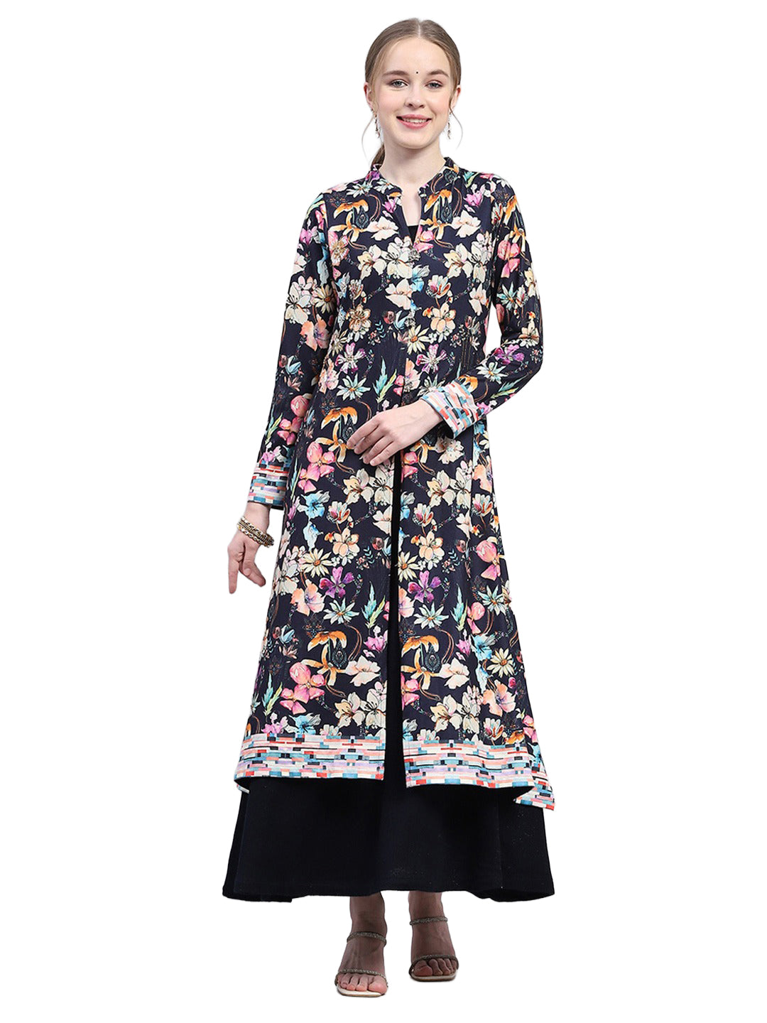 Women Navy Blue Designer V Neck Full Sleeve Kurtis Set for Winter