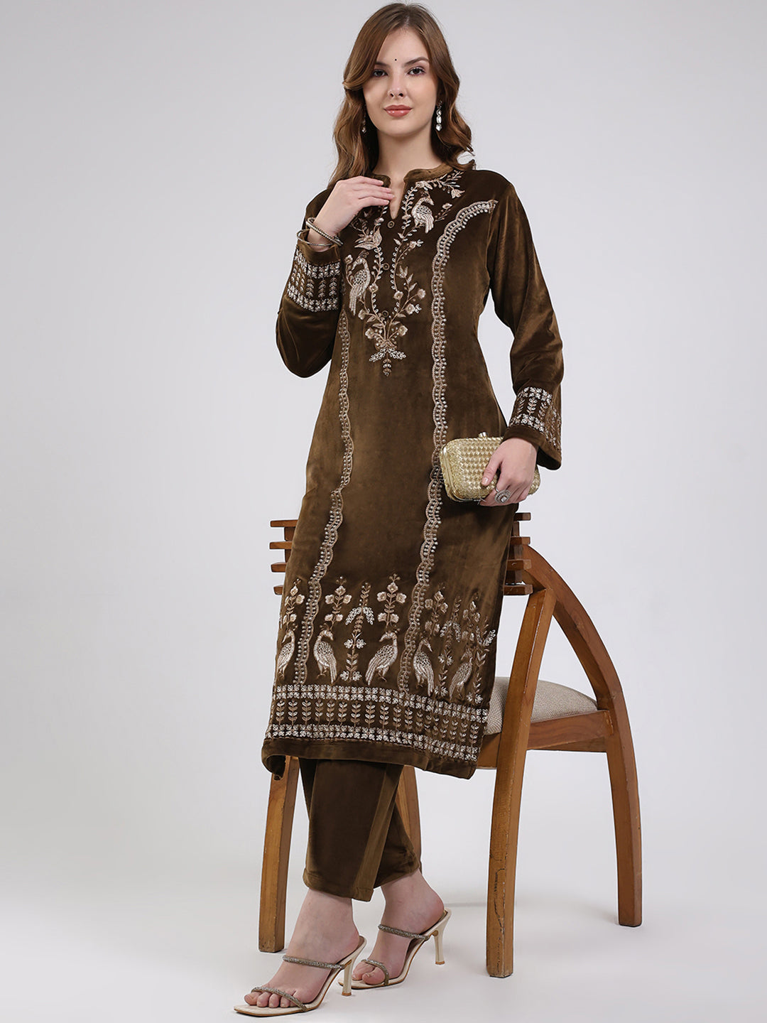 Women Green Printed Round Neck Full Sleeve Kurti Set for Winter
