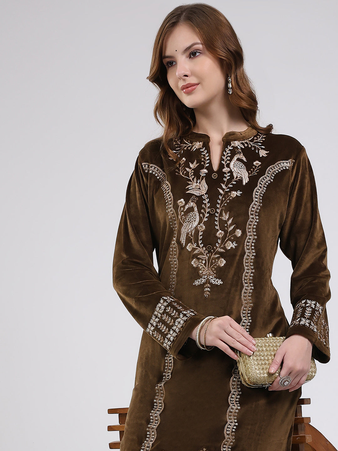 Women Brown Printed Round Neck Full Sleeve Kurti Set for Winter