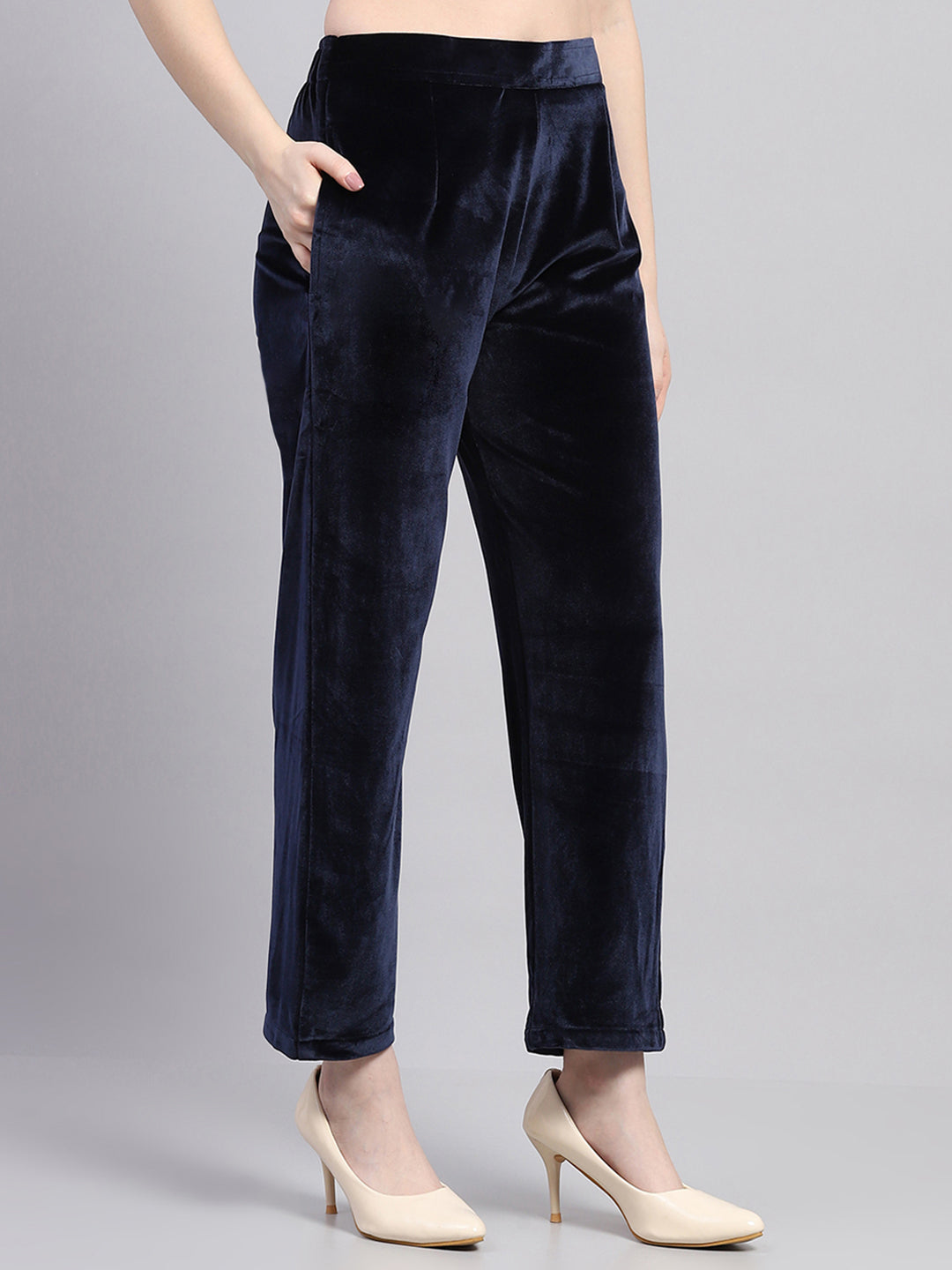 Women Blue Self Design Round Neck Full Sleeve Kurti Set