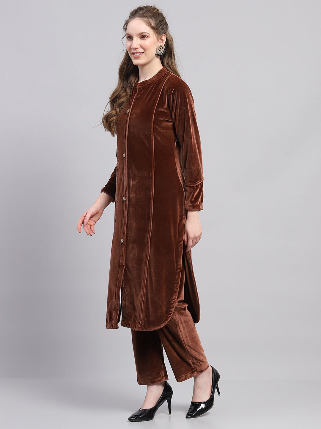 Women Brown Self Design Round Neck Full Sleeve Kurti Set